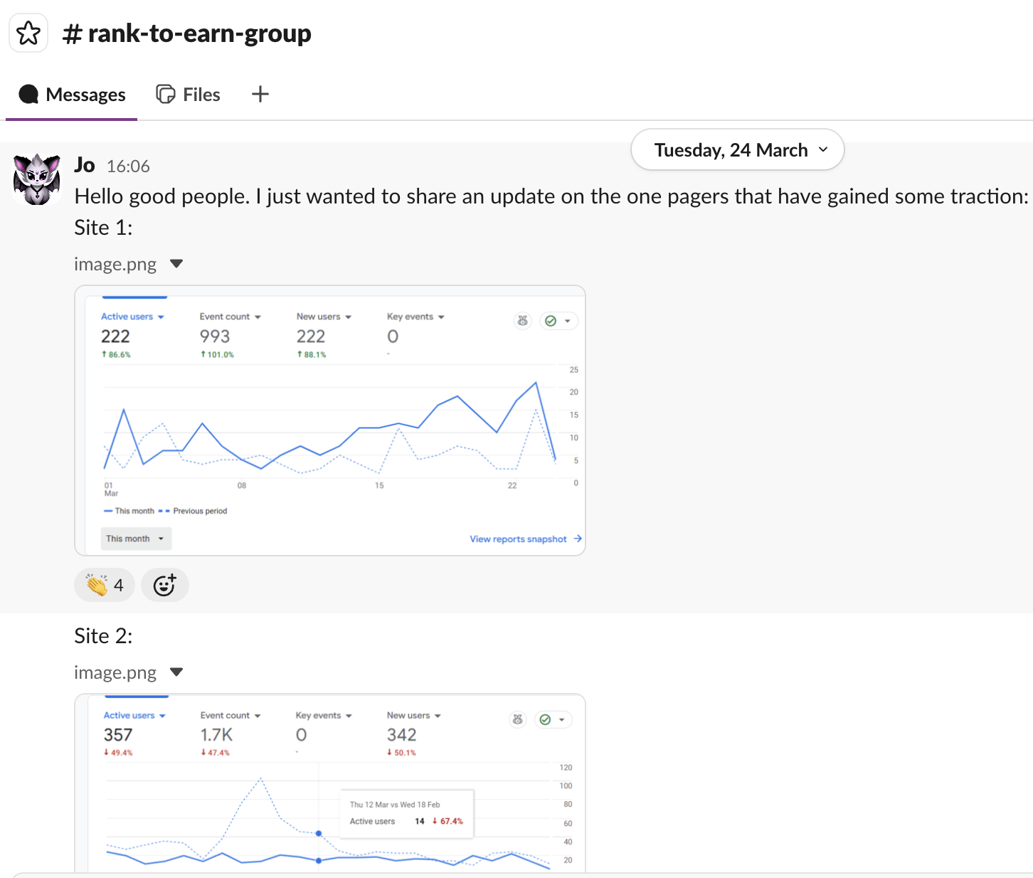 Google Analytics screenshot shared by Rank to Earn student Whitney showing growing organic search traffic to her one-pager affiliate websites